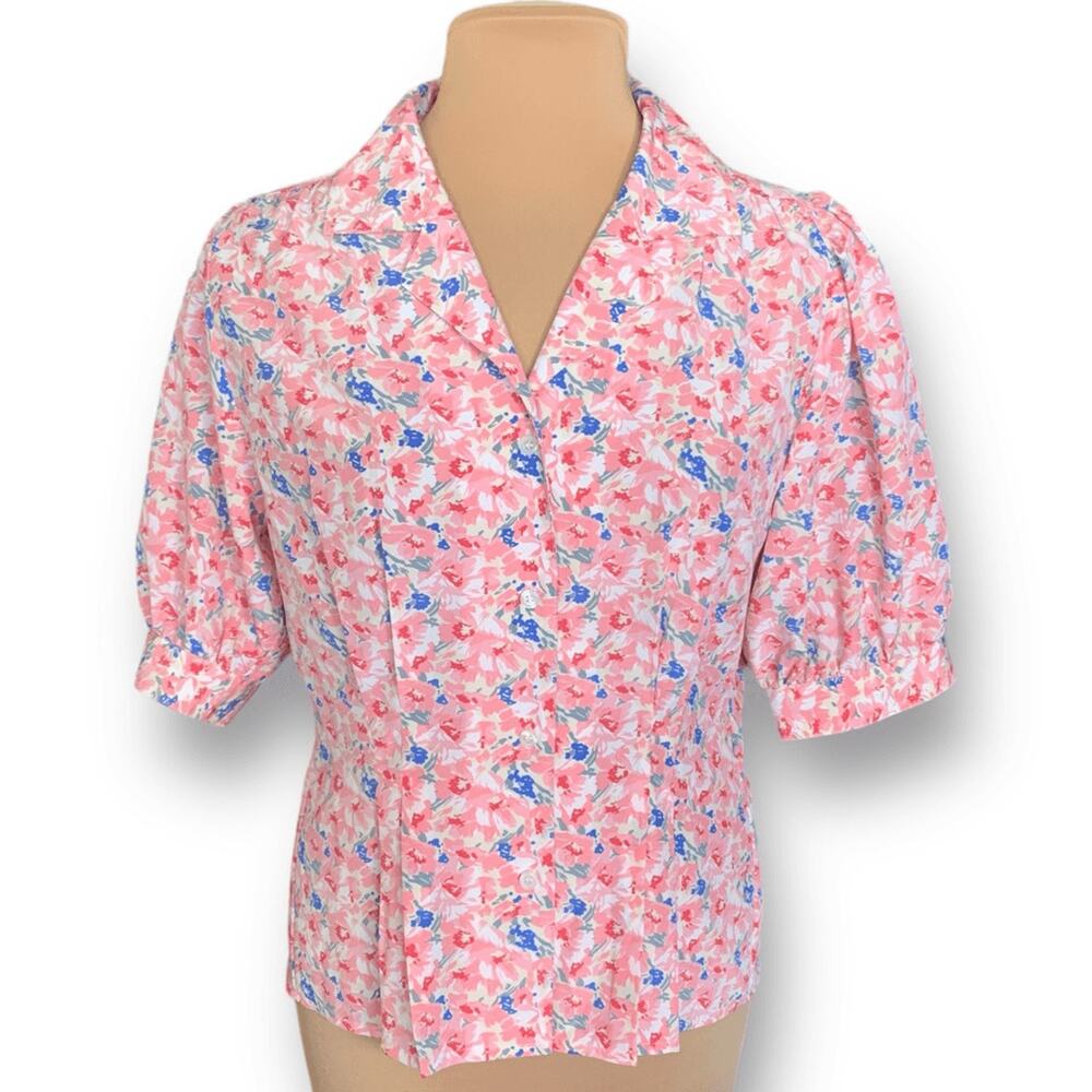 Vintage Westbound Blouse White Pink Floral Puff Sleeve Tailored Camp Collar